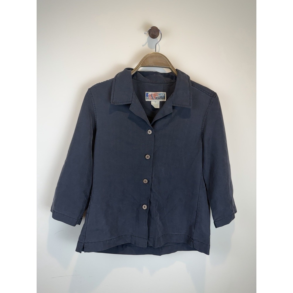La Cabana Cafe Camp Shirt Womens Medium Collared Button Down Black Boxy Soft